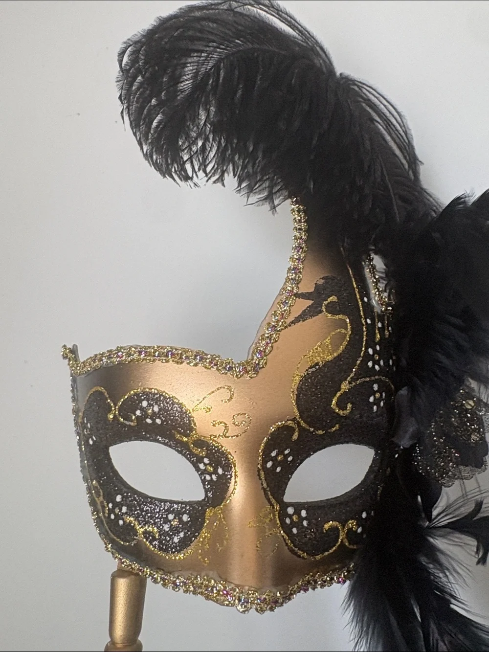 Gold and Black Feathered Venetian Handheld Mask